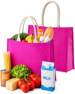 Kimood Jute boodschappen strandtas - 2x stuks - roze - 42 x 36 cm - Strandartikelen beach bags/shoppers