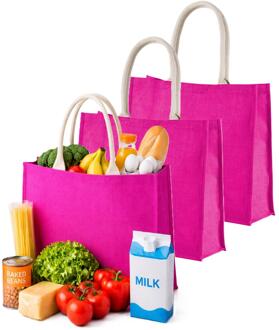 Kimood Jute boodschappen strandtas - 3x stuks - roze - 42 x 36 cm - Strandartikelen beach bags/shoppers