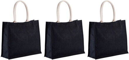 Kimood Jute boodschappen strandtas - 3x stuks - zwart - 42 x 36 cm - Strandartikelen beach bags/shoppers