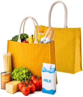 Kimood Klimood Boodschappentas - 2x stuks - jute - geel - strandtas - 42x36 cm - 22 liter