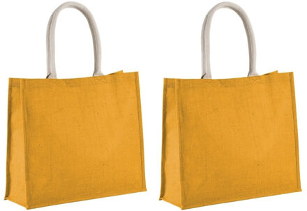 Kimood Set van 2x stuks jute gele boodschappen/strandtassen 42 x 36 cm - Strandartikelen beach bag/shopping bag