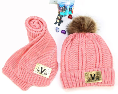 Kind Gebreide Bont Hoeden Sjaal Set Winter Meisje Hoeden En Sjaals Voor Kinderen Solid Dikke Geribbelde Kabel Voegen Fluwelen Cap warm Pak M5263 roze