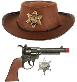 Kinder cowboy verkleed set - bruine cowboy hoed - met 2x pistolen - en sheriff badge