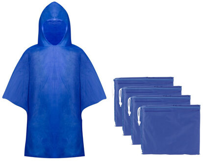 Kinder regen poncho - 4x - pvc - blauw - in zakje - vanaf 4 jaar - noodponcho met capuchon - One size