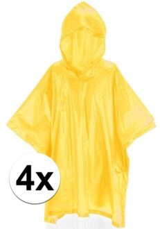 Kinder regen poncho - 4x - pvc - geel - in zakje - vanaf 4 jaar - noodponcho met capuchon - One size