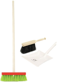 Kinder schoonmaak set - stoffer en blik wit - met gekleurde bezem van 80 cm