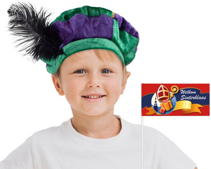 Kinder Welkom Sint en Piet setje - zwaaivlaggetje - roetveeg Pietenmuts/baret - paars