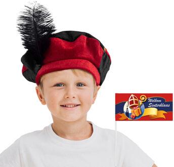 Kinder Welkom Sint en Piet setje - zwaaivlaggetje - roetveeg Pietenmuts/baret - rood/zwart