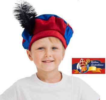 Kinder Welkom Sint en Piet setje - zwaaivlaggetje - roetveeg Pietenmuts/baret - rood