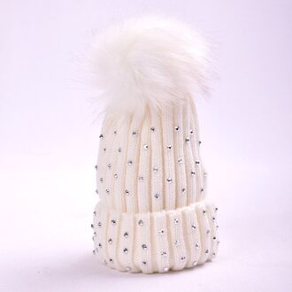 Kinderen Effen Kleur Beanie Brief Cap Faux Pompom Winter Hoeden Voor Kinderen Gebreide Wollen Muts Verdikking Warmer Meisjes Jongens Caps wit