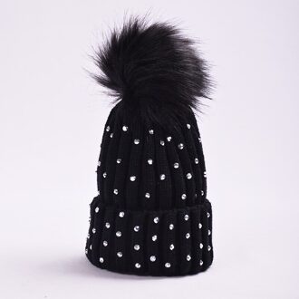 Kinderen Effen Kleur Beanie Brief Cap Faux Pompom Winter Hoeden Voor Kinderen Gebreide Wollen Muts Verdikking Warmer Meisjes Jongens Caps zwart