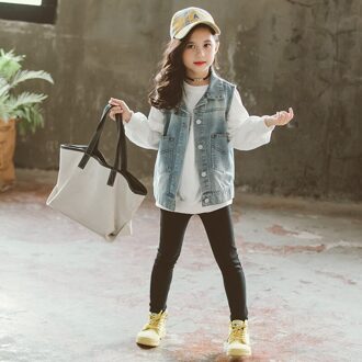 Kinderen En Najaar Denim Vest Meisjes Mode Borduren Print Brief Mouwloze Top Kids Retro Grote Pocket Vest 110