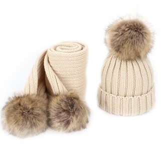 Kinderen Enkele Haar Bal Wollen Muts En Sjaal Set Unisex Verdikte Beige