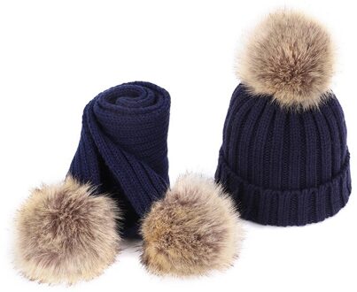 Kinderen Enkele Haar Bal Wollen Muts En Sjaal Set Unisex Verdikte marine blauw