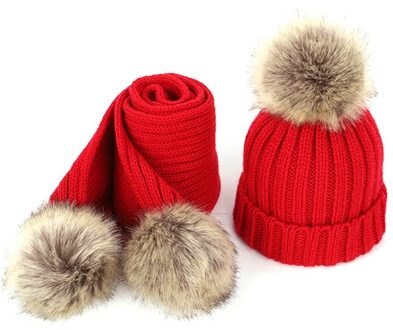 Kinderen Enkele Haar Bal Wollen Muts En Sjaal Set Unisex Verdikte rood