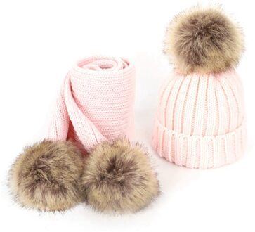 Kinderen Enkele Haar Bal Wollen Muts En Sjaal Set Unisex Verdikte roze