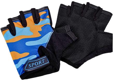 Kinderen Fietsen Half Vinger Fiets Handschoenen Hoge Elastische Antislip Kind Kid Fiets Handschoenen Rijden Outdoor Camouflage Apparatuur Blauw