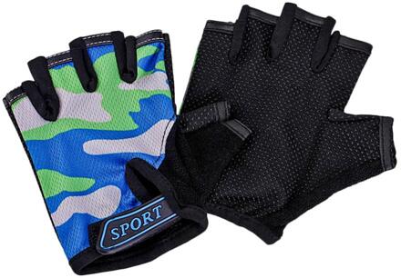 Kinderen Fietsen Half Vinger Handschoenen Fiets Handschoenen Elastische Antislip Kind Kid Fiets Handschoenen Buiten Rijden Camouflage Apparatuur blauw