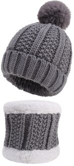 Kinderen Gebreide Muts Sjaal Set Gehaakte Kasjmier Winter Warm Kids Pompom Bal Beanie Dikke Caps Voor Jongens Meisjes TD436 grijs