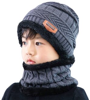 Kinderen Kids Winter 2 Stuks Beanie Hoed Cirkel Sjaal Set Faux Lederen Label Gehaakte Gebreide Dikke Pluche Gevoerd Slouchy Cap 094B Grijs