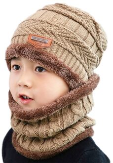 Kinderen Kids Winter 2 Stuks Beanie Hoed Cirkel Sjaal Set Faux Lederen Label Gehaakte Gebreide Dikke Pluche Gevoerd Slouchy Cap 094B khaki