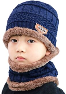 Kinderen Kids Winter 2 Stuks Beanie Hoed Cirkel Sjaal Set Faux Lederen Label Gehaakte Gebreide Dikke Pluche Gevoerd Slouchy Cap 094B Marineblauw