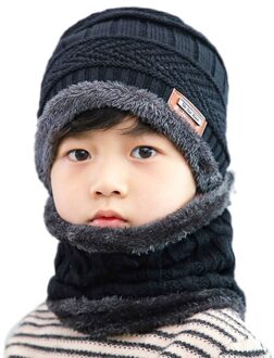 Kinderen Kids Winter 2 Stuks Beanie Hoed Cirkel Sjaal Set Faux Lederen Label Gehaakte Gebreide Dikke Pluche Gevoerd Slouchy Cap 094B zwart