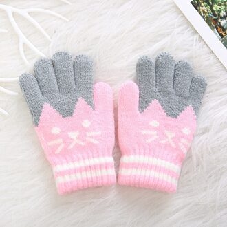 Kinderen Kids Winter Warm Thicken Patchwork Handschoenen Leuke Kat Wanten Imitatie Kasjmier Vinger Handschoenen Voor 4-8Y