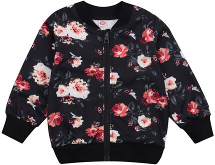 Kinderen Meisjes Rits Jas, Baby Geribbelde Zoom Bloemen Gedrukt Top Lange Mouwen Jas Voor Kinderen 2-7Y Lente Herfst 3T