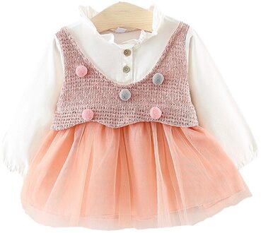Kinderen Mode Een Stuk Jurk Patchwork Jurk Met Pompoms Casual Stijl Kleding Roze / 24M