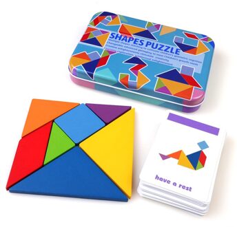 Kinderen Puzzel Speelgoed Houten Kleur Tangram Puzzel Ijzeren Doos Opbergdoos Puzzel Vroege Onderwijs Intelligentie Houten Tangram Speelgoed