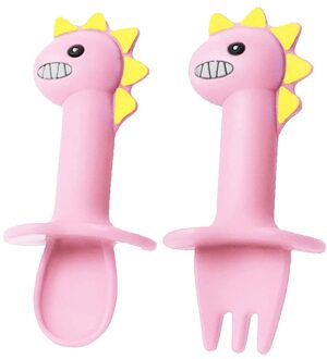 Kinderen Servies Babylepel Vork Set 2 Stuks Siliconen Voeden Lepel Kids Bestek Cartoon Dinosaurus Korte Handvat Bijtring L3