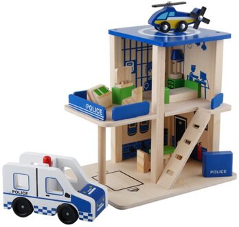 Kinderen Spelen Huis Rollenspel Simulatie Diy Hut Politie Station Fire Station Postkantoor Houten Speelgoed blauw