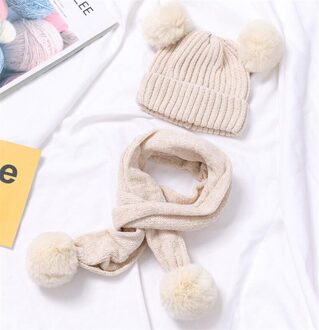 Kinderen Winter Warme Muts En Sjaal Kind Geribbelde Kintted Hoed 2 Delige Set Baby Meisjes Jongens Gehoorbescherming Cap pom Pom Sjaals 0-3T Beige