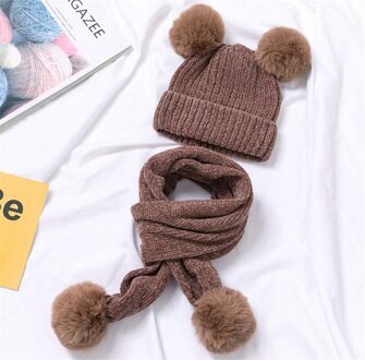 Kinderen Winter Warme Muts En Sjaal Kind Geribbelde Kintted Hoed 2 Delige Set Baby Meisjes Jongens Gehoorbescherming Cap pom Pom Sjaals 0-3T Bruin