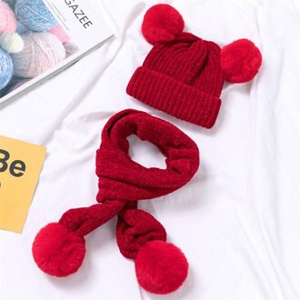 Kinderen Winter Warme Muts En Sjaal Kind Geribbelde Kintted Hoed 2 Delige Set Baby Meisjes Jongens Gehoorbescherming Cap pom Pom Sjaals 0-3T Rood