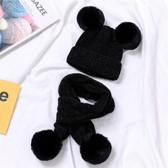 Kinderen Winter Warme Muts En Sjaal Kind Geribbelde Kintted Hoed 2 Delige Set Baby Meisjes Jongens Gehoorbescherming Cap pom Pom Sjaals 0-3T zwart