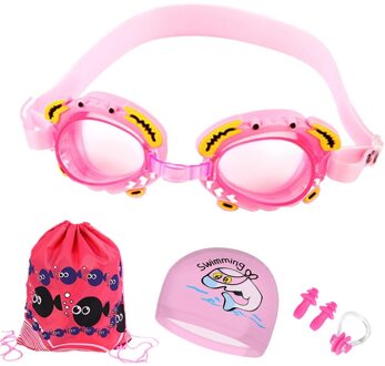 Kinderen Zwembril Cap Set Met Oordopjes Neus Clip Anti-Fog Zwemmen Bril Set Waterdichte Zwemmen Zwembad Eyewear jongen Meisje #40 Roze