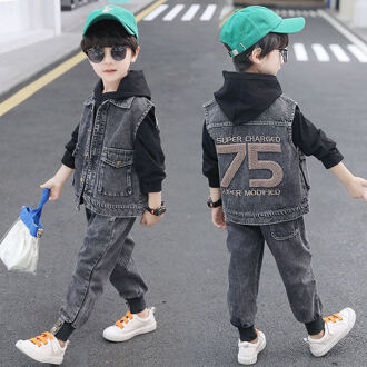 Kinderkleding Jongen Pak 2022 Kinderen Herfst En Winter Kleding 2 Stuk Set Jongen Mode Denim pak Vest + Broek 10T