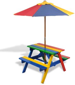 Kinderpicknicktafel met banken en parasol hout meerkleurig Multikleur