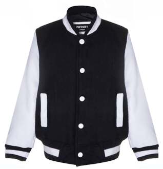 Kinderveters zwart-wit bomberjack met echte leren mouwen 3-13 jaar - maat 12-13J / 152-158cm Zwart/wit