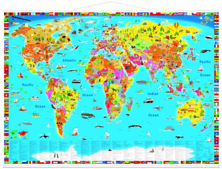 Kinderwereldkaart World map kids political illustrated | Met latjes | 100 x 70 cm | Druckbunt