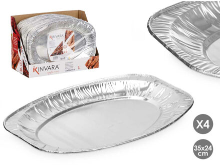 Kinvara Aluminium BBQ/verjaardag/hapjes serveerschalen - zilver - 4x stuks - 35 x 24 cm - wegwerp - Snack en tapasschale Zilverkleurig