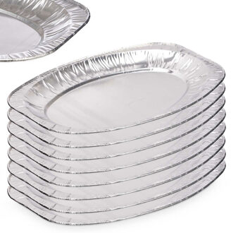 Kinvara Aluminium BBQ/verjaardag/hapjes serveerschalen - zilver - 8x stuks - 35 x 24 cm - wegwerp
