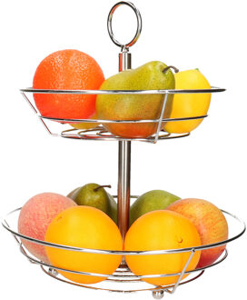 Kinvara Fruitschaal/fruitmand 2-laags - metaal - D26 x H30 cm - zilver - rond - Fruitschalen Zilverkleurig