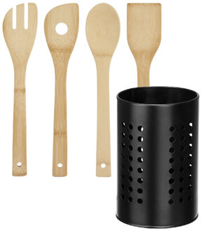 Kinvara Keukengerei - houten spatels set 4-delig in RVS houder - Keuken pollepels/spatel