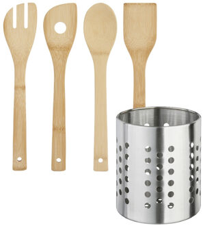 Kinvara Keukengerei - houten spatels set 4-delig - RVS houder - Keuken pollepels/spatel