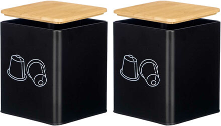Kinvara Koffie cups/capsules houder - 2x - metaal - 14 x 14 x 16 cm - voor 50 capsules - zwart - bamboe deks