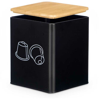 Kinvara Koffie cups/capsules houder - metaal - 14 x 14 x 16 cm - voor 50 capsules - zwart - bamboe deksel