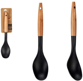 Kinvara Kook/keuken gerei - 2x - opschep lepel - zwart/bruin - kunststof/hout - 33 cm